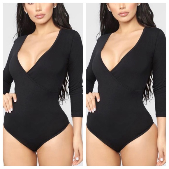 Black cotton spandex faux wrap bodysuit - Picture 2 of 3